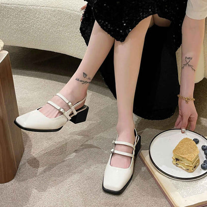 2024 Spring New Retro Small Leather Shoes Square Head Double Buckle Strap Mary Jane Thick Heels Sandals for Women