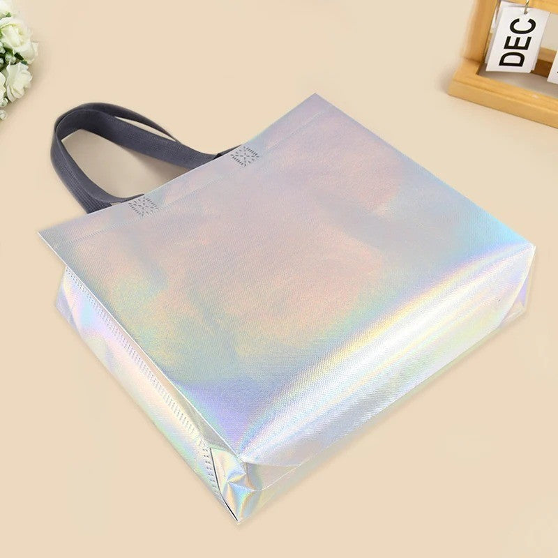 10Pcs Reusable Silver Laser Tote Bag Durable Non Woven Gift Shopping Bag for Wedding Bridesmaid Party Birthday Eco Friendly