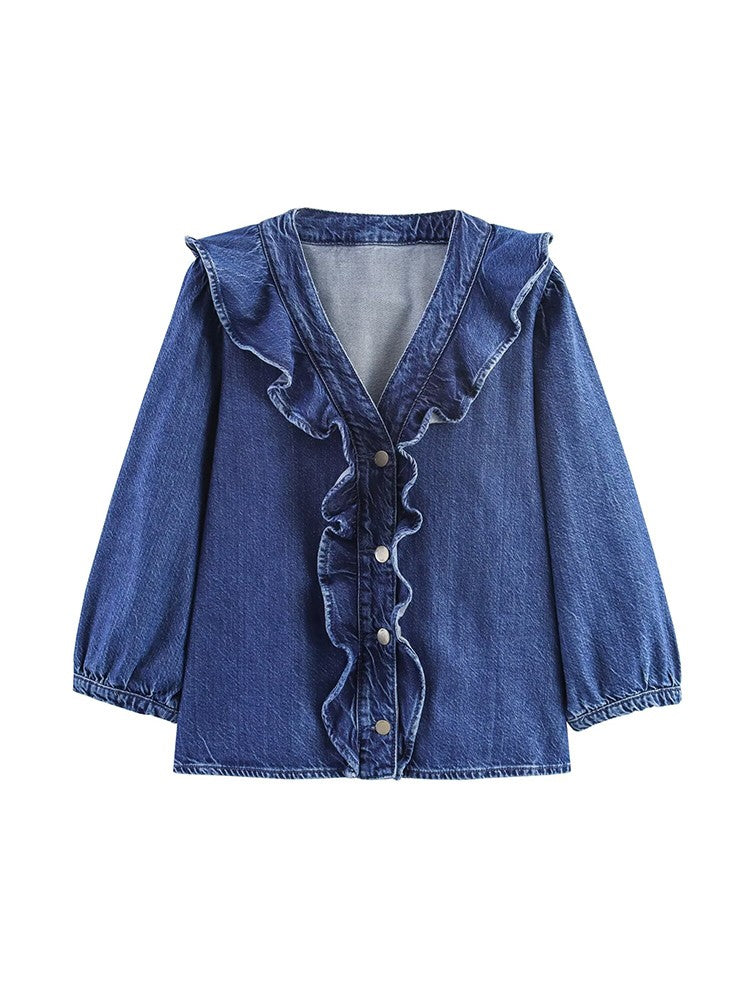 European style new women's fashion all-match temperament lotus leaf lace V-neck long-sleeved denim shirt