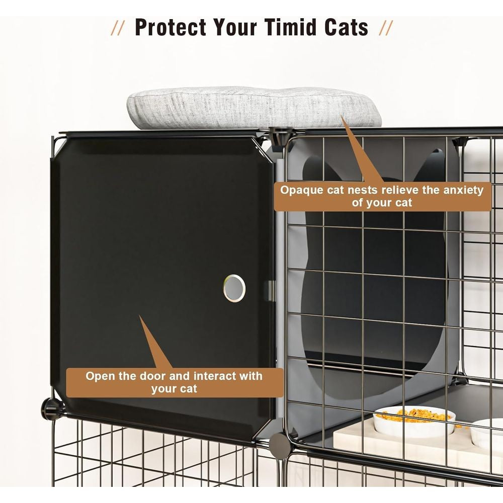 Recinto Multifuncional para Gatos de 3 Níveis: Cercadinho Interno/Externo com Caixa de Areia e Gaiola de Metal Destacável