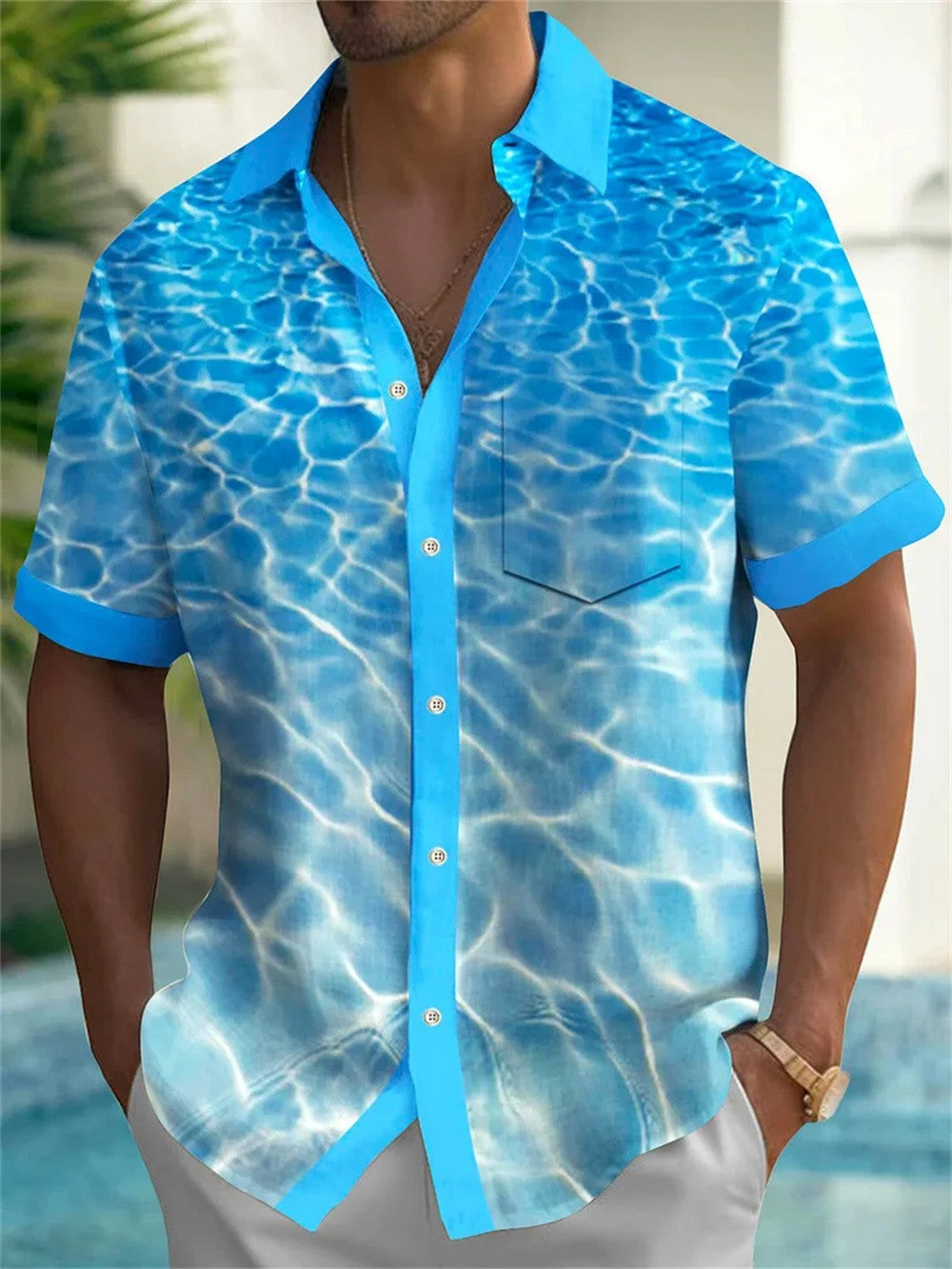 Silk print high-quality retro novel trendy men's casual social solid color Hawaiian shirt new style