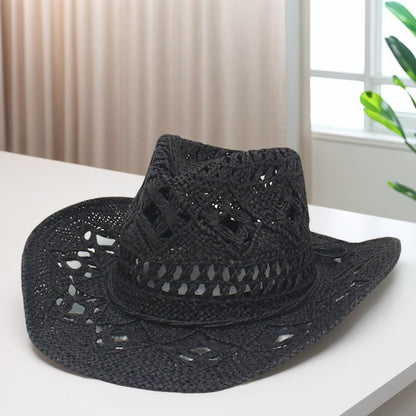 Chapéu de Sol Boêmio de Verão com Conchas, Chapéu de Cowboy Feminino e Masculino Dobrável Vazado de Palha com Aba Larga para Férias