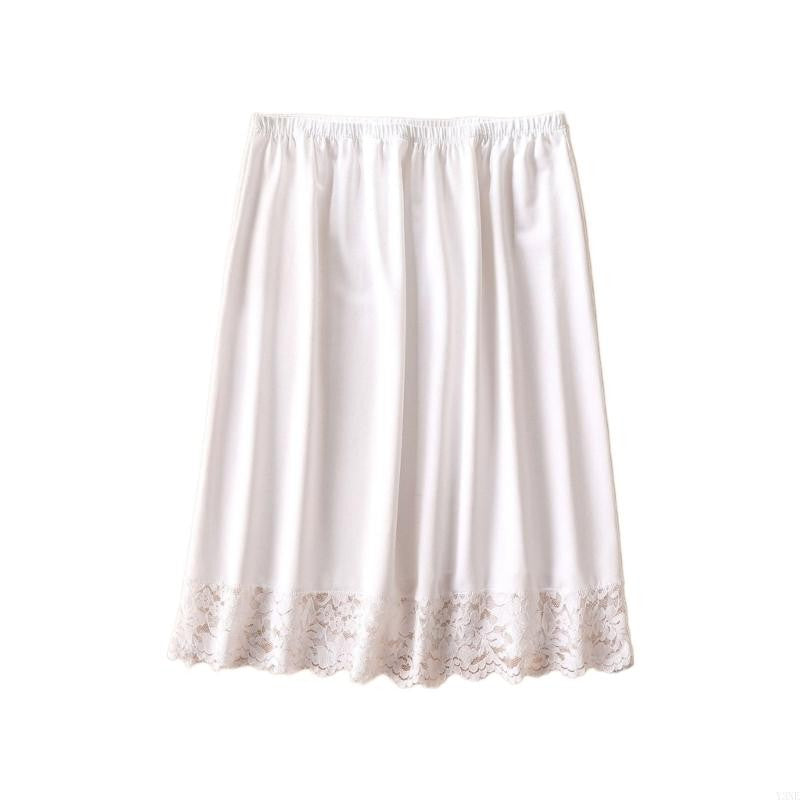 Y3NE Elastic Waist Knee Length Half Slips for Women Under Dresses Invisible Underskirt Basic Solid Color Lace Trim Petticoat