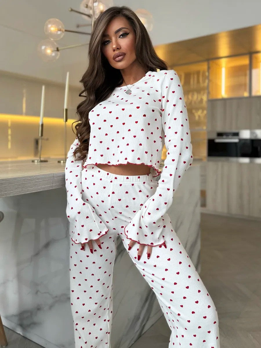 Lace Trim Women Pajama Set Short Sleeve Front Button Top & Full-Length Pants Cherry Print 2 Pieces Sleepwear Nightwear Homewear