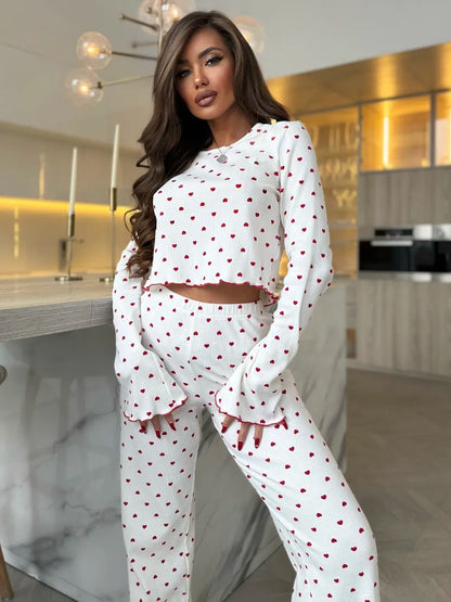 Lace Trim Women Pajama Set Short Sleeve Front Button Top & Full-Length Pants Cherry Print 2 Pieces Sleepwear Nightwear Homewear