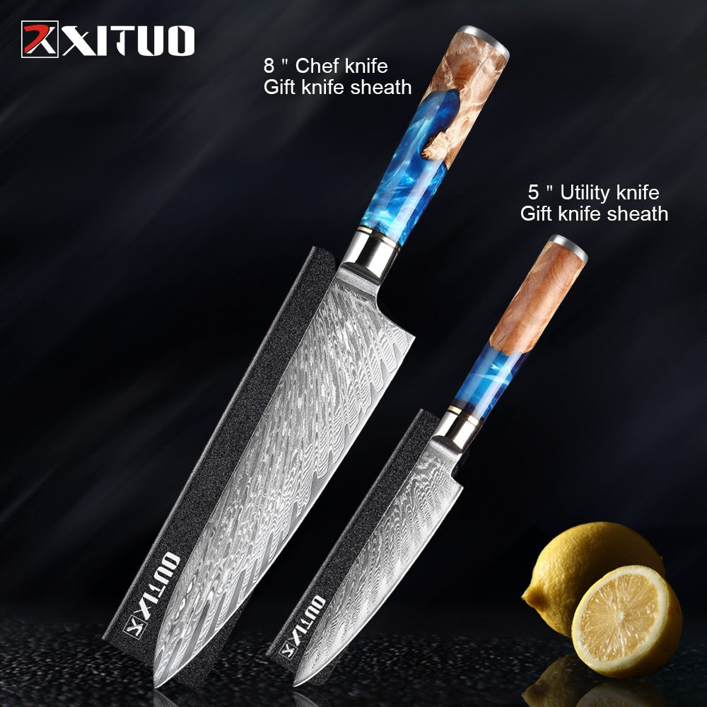 XITUO Kitchen Knives Set Damascus Steel VG10 Chef Knife Cleaver Paring Bread Knife Blue Resin Stabilised Wood Handle 1-7PCS set