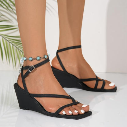 Sexy Black Cross Strap Clip Toe Sandals Women Square Toe Wedge Heels Sandals 2025 Summer Casual Party Dress Shoes Full Code