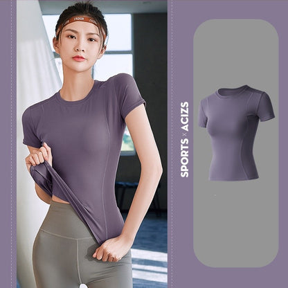 2024 Women's Sports Fitness Clothing Slim Running Sweat Absorbing Skinny Yoga Clothes Quick Drying Clothes Short Sleeved T-shirt