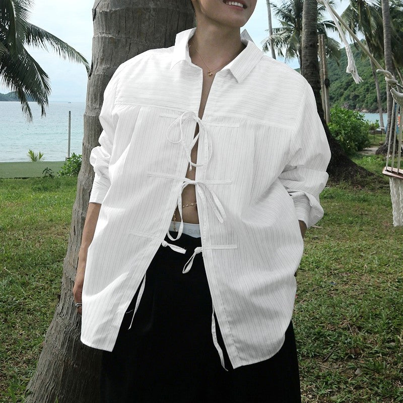 INCERUN Men Striped Shirt Lapel Long Sleeve Lace Up Hollow Out Men Clothing Oversize Korean Style Streetwear Casual Shirts Men