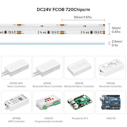 WS2811 Addressable 630 720 LEDs Dream Color FCOB RGB IC LED Light Strip 12mm 12V 24V Flexible WS2812B FOB COB Led Lights RA90