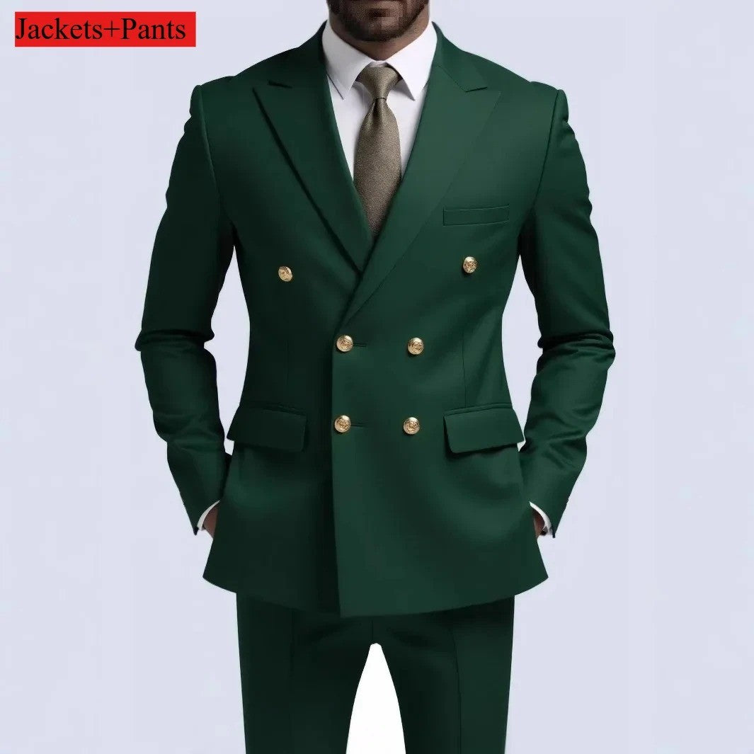 Double Breasted Light Gray Suit Men Wedding Prom Party Business Groom Tuxedo Wedding Suit (Blazer+Pant)