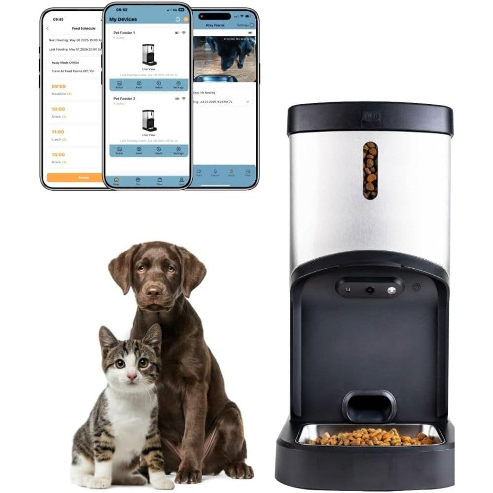 Comedouro Automático para Cães e Gatos de Grande Capacidade – Dispensador de Alimentos para Animais de Estimação de Aço Inoxidável com Aplicativo Wi-Fi e Alimentações Programadas