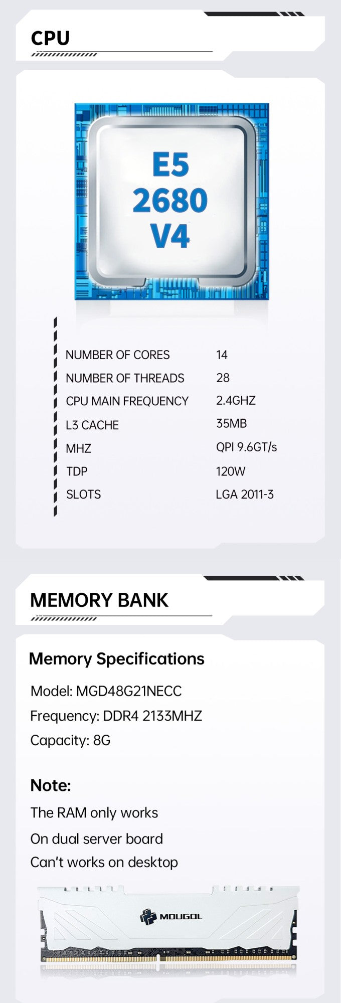 MOUGOL X99 Motherboard Kit C612 Chip with E5 2680 V4 CPU & DDR4 16G (2*8G) 2133MHz Memory NVME PCIE3.0 SATA3.0 for Desktop Host