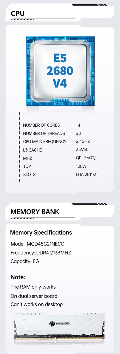 MOUGOL X99 Motherboard Kit C612 Chip with E5 2680 V4 CPU & DDR4 16G (2*8G) 2133MHz Memory NVME PCIE3.0 SATA3.0 for Desktop Host