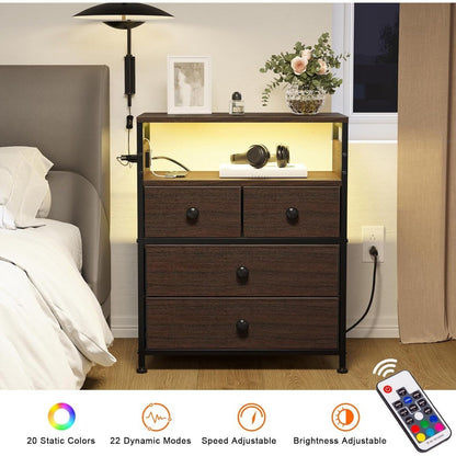 Nightstand with Charging Station, Bedside Table with 4 Drawers and 2-Tier Shelf, Modern End Table with Wooden Top for Bedroom