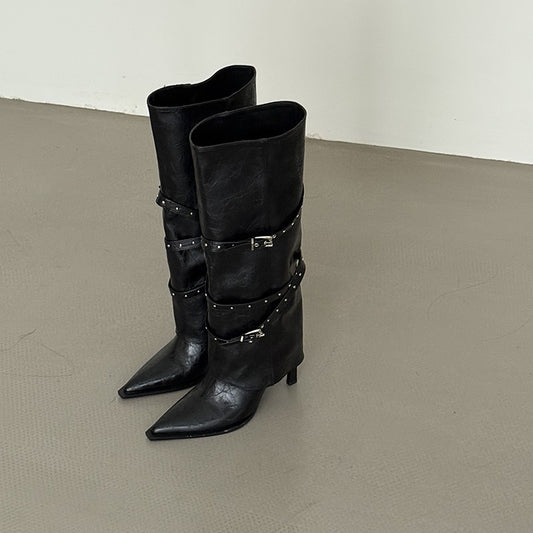 Night Club Pointed Toe Long Boots For Women High Heels Autumn Winter Shoes Ladies Belt Buckle Botas Mujes