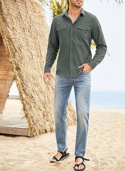 Business Men's Single-breasted Shirt Double Pocket Cotton Linen Long-sleeved Shirt Casual Vacation Shirt