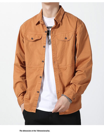 Men Slim Fit Turn-Down Collar Loose Cargo Shrit Spring Autumn Casual Wash Cotton Safari Style Jacket with Multiple Pockets Coat