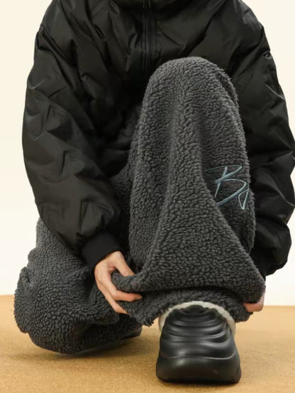 Women's Embroidered Flannel Sweatpants American Lamb Fleece Cotton Thickened Warm Couple Skiing Pants Autumn