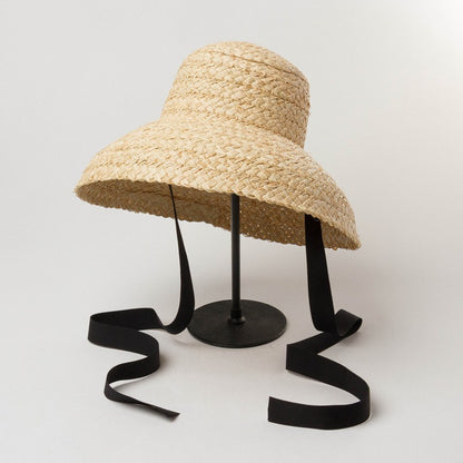 Chapéus de Verão Femininos Retrô Aba Reta Caída Chapéu de Palha de Ráfia Feito à Mão Chapéu de Palha de Praia de Proteção Solar Feminino para Ambientes Externos