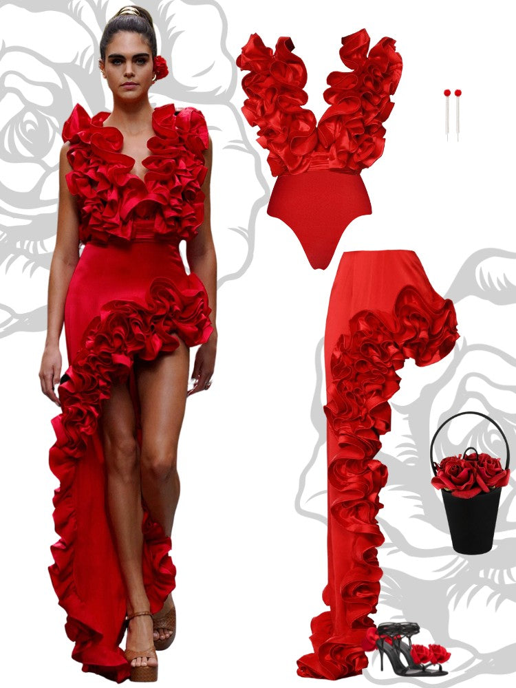 2024 Sexy Red 3D Ruffle Flower One Piece and Skirt set Swimwear beachwear Party Dress  Clearance Wholesale