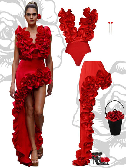 2024 Sexy Red 3D Ruffle Flower One Piece and Skirt set Swimwear beachwear Party Dress  Clearance Wholesale
