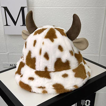 Autumn and winter new cow print horn fisherman hat female print Korean fashion plush thickened warm basin hat