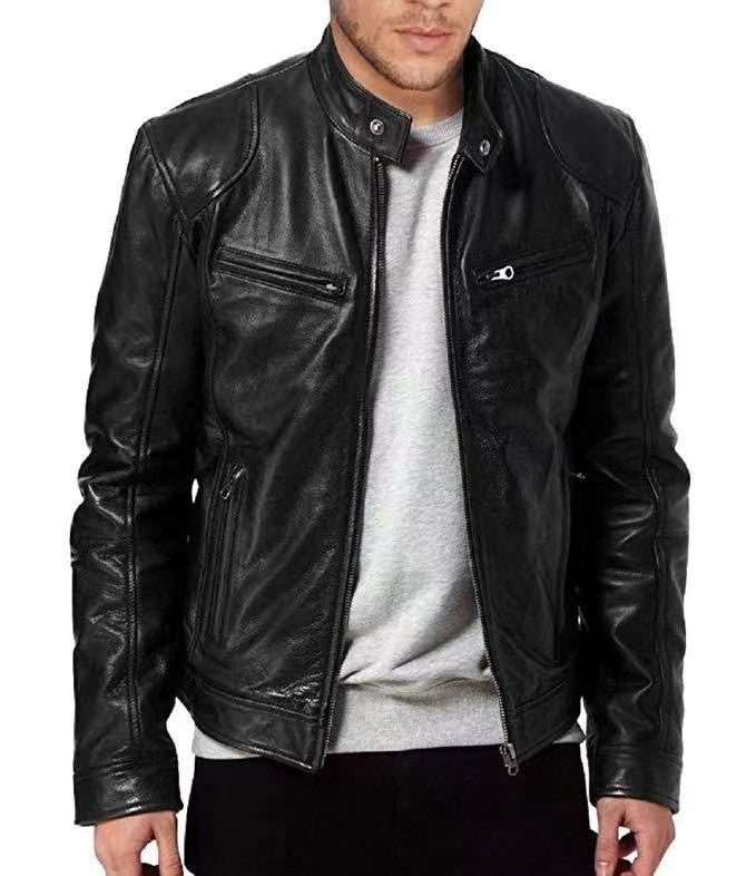 Fashionable Men's Stand Collar Slimming Leather Jacket Zipper Pocket Decorative Pu Leather Motorcycle Coat