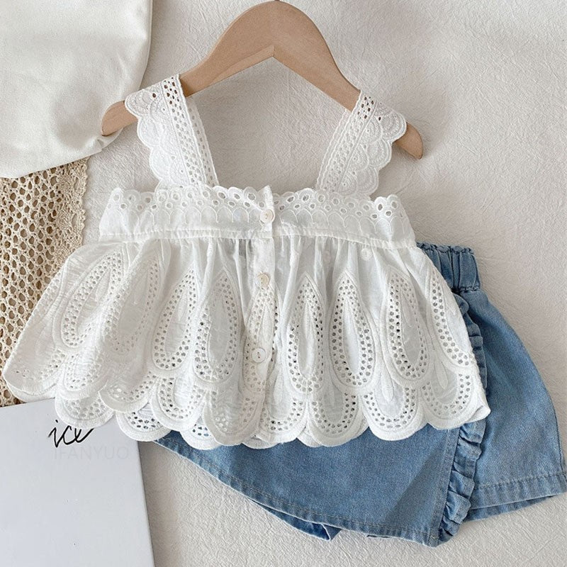 Girls Children Outfit Sets Summer Kids Clothes Lace Edge Pure White Baby Girl Casual White Hollow Vest Top Suspender+Denim Skirt