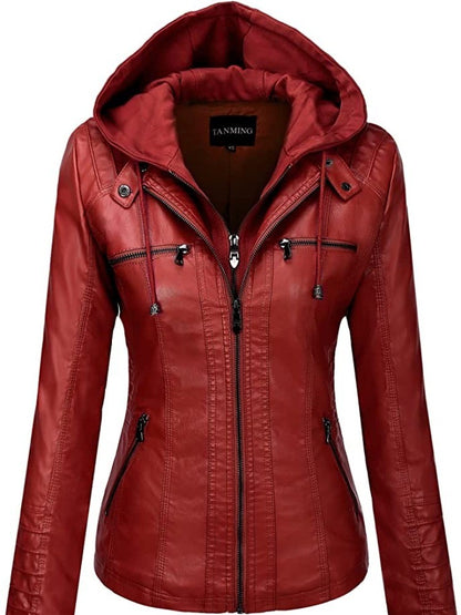Hooded Leather Jacket Two-Piece Set Removable Large Size Leather Jacket for Women Spring & Fall Outwear for Women Pu Washed Leather