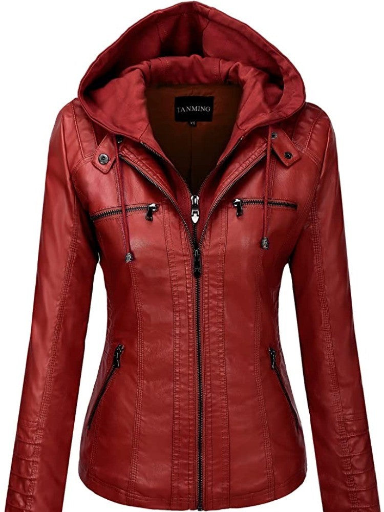 Hooded Leather Jacket Two-Piece Set Removable Large Size Leather Jacket for Women Spring & Fall Outwear for Women Pu Washed Leather