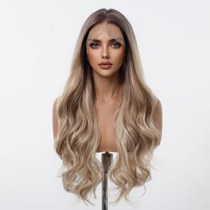 HENRY MARGU Peruca Frontal Lisa Ondulada Marrom Mista Longa Peruca Sintética Natural Ondulada 13x4 Frontal de Renda Cabelo Falso para Mulheres Raiz Escura