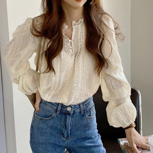 Autumn Lcae Embroidery Long Sleeve Women Blouses Office Lady ELegant Casual Button Shirts Sweet Clothing
