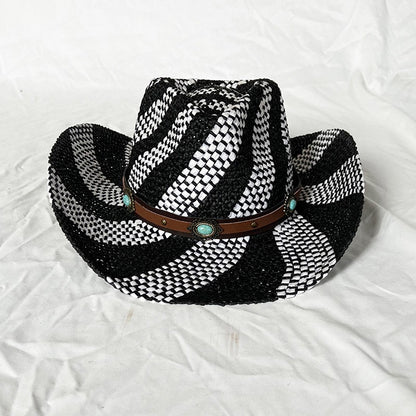 Ethnic Style Contrast Color Straw Cowboy Hat Mens Wide Brim Western Caps with Belt for Outdoor Party Vacation Sun Hats