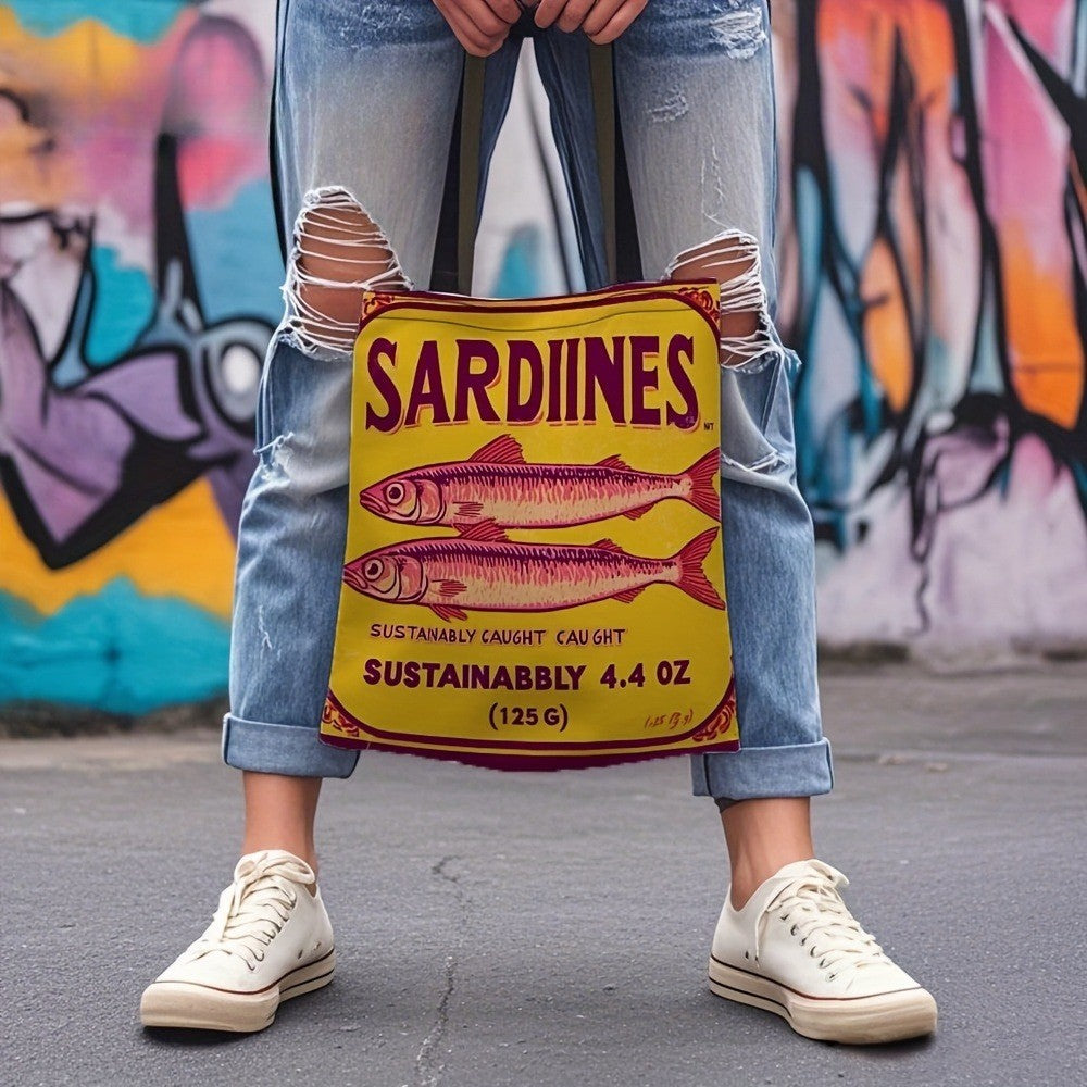 1pc Sardine Chic Polyester Tote Bag Lightweight Durable Fabric for Work School Shopping Gifts Sardine Gifts Everyday Carry Bag