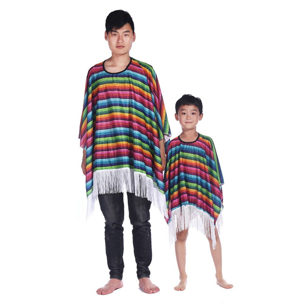 Ethnic Cloak Mexican Costume Halloween Rainbow Stripe Mexican Style Cloak Cape Dress-up Cosplay Mexican Poncho Festival Party