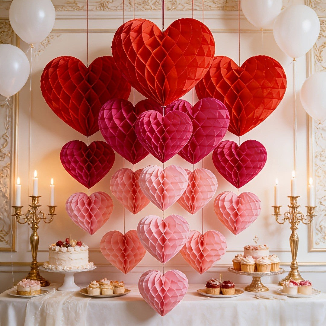10 pcs Valentine's Day heart-shaped paper felt balls, party hanging ornaments, - red and pink honeycomb balls, wedding, birthday