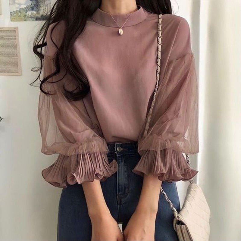 ZANZEA Women Elegant Party Blouse Chic Mesh Ruffle 3/4 Sleeve Tops 2025 Autumn Designer Stand Collar Shirts Korean Loose Tunics