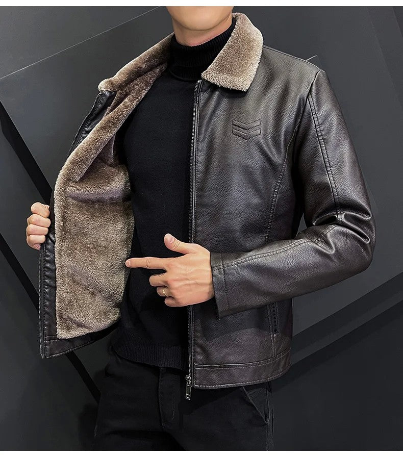 Vintage Brown Leather Jacket Men's Winter Faux Fur Collar Windproof Warm Coat Male Luxury Clothing Brand chaqueta cuero hombre
