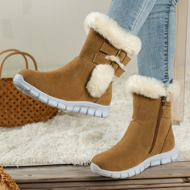 Winter Round Toe Plus Velvet Warm Side Zipper Casual Mid-calf Boots New Comfortable Fashionable Buckle Flat Snow Boots for Women