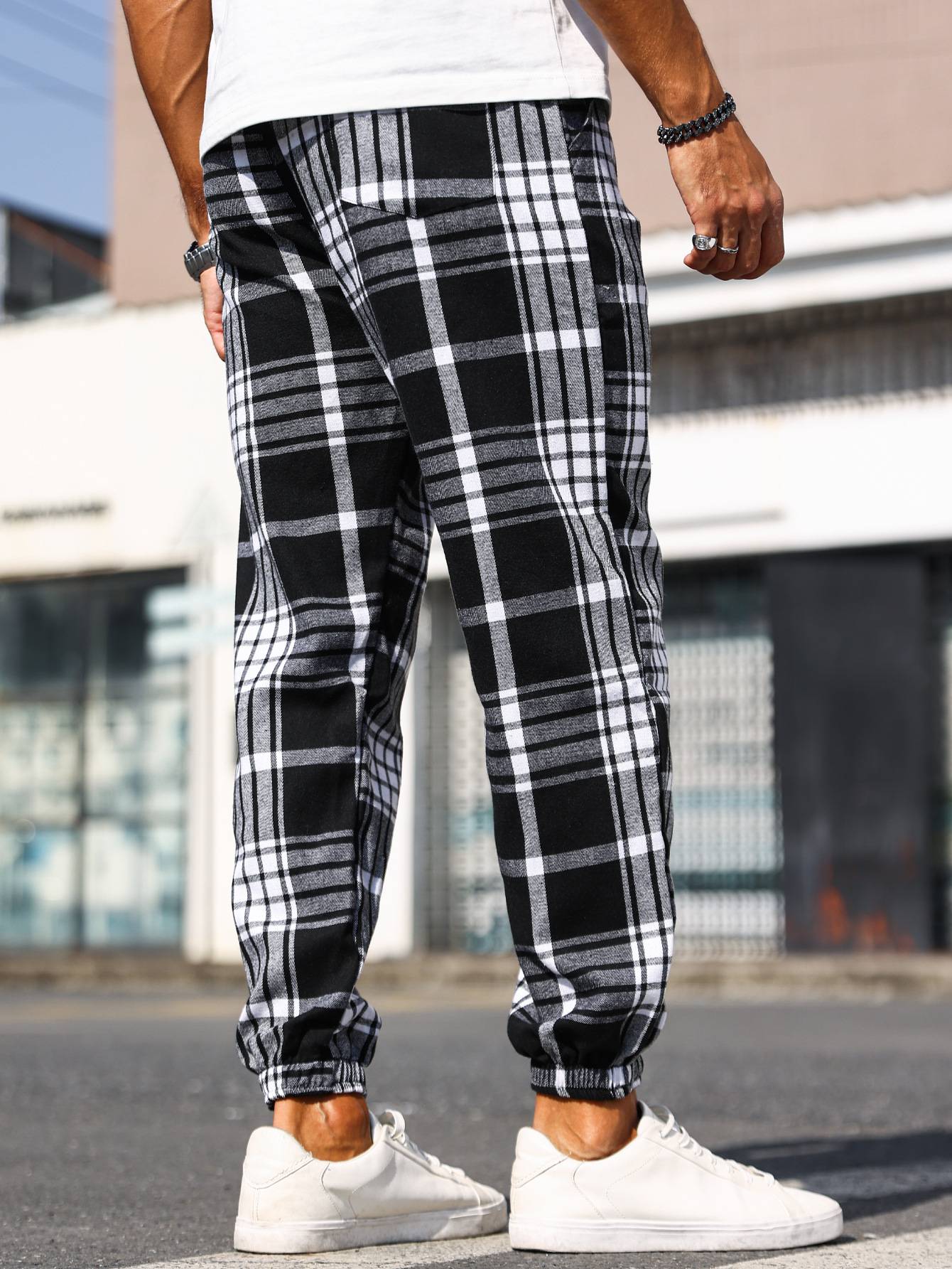 Calças Masculinas Xadrez com Punho Calças de Pijama Confortáveis para Estilo Relaxado