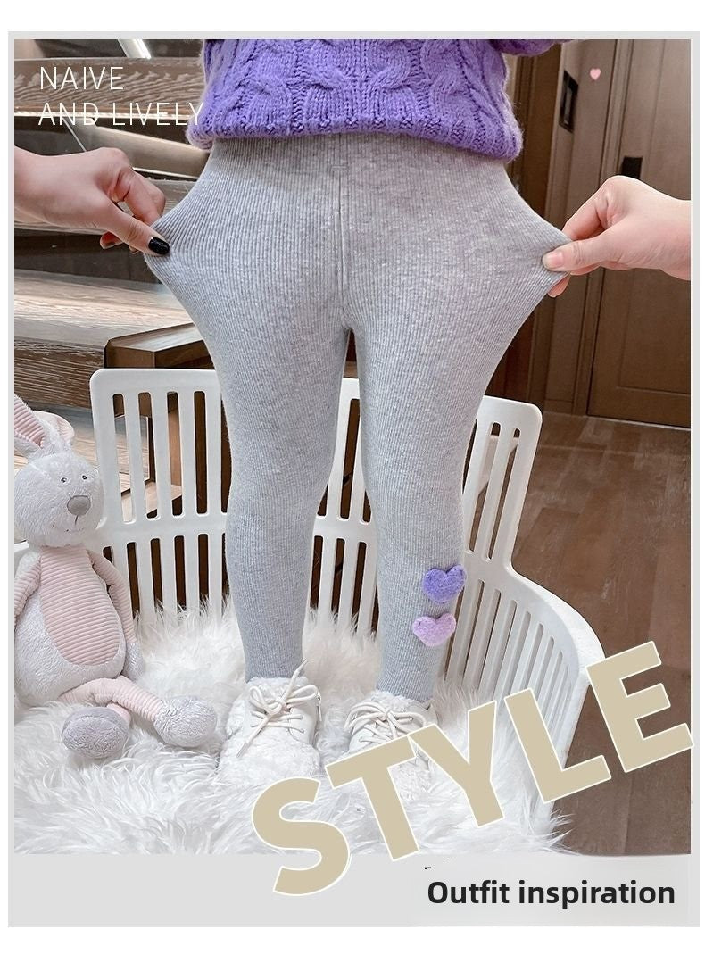 1-6Y Fleece Lined Leggings for Girls Winter Warm Bear Patch Elastic Pants Soft Kids Trousers Teenage Girls Clothing
