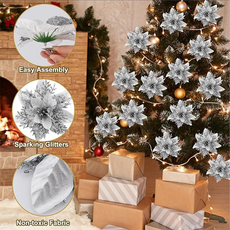 10pcs 14cm Glitter Poinsettia Christmas Artificial Flowers with Clips DIY Xmas Tree Ornaments Wreath Fireplace Decorations