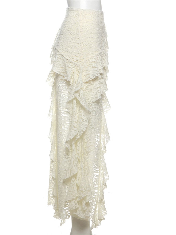 Nibber Tassels Women Skirts Irregular Hem Multi-Layered Ruffles Lace Patchwork S