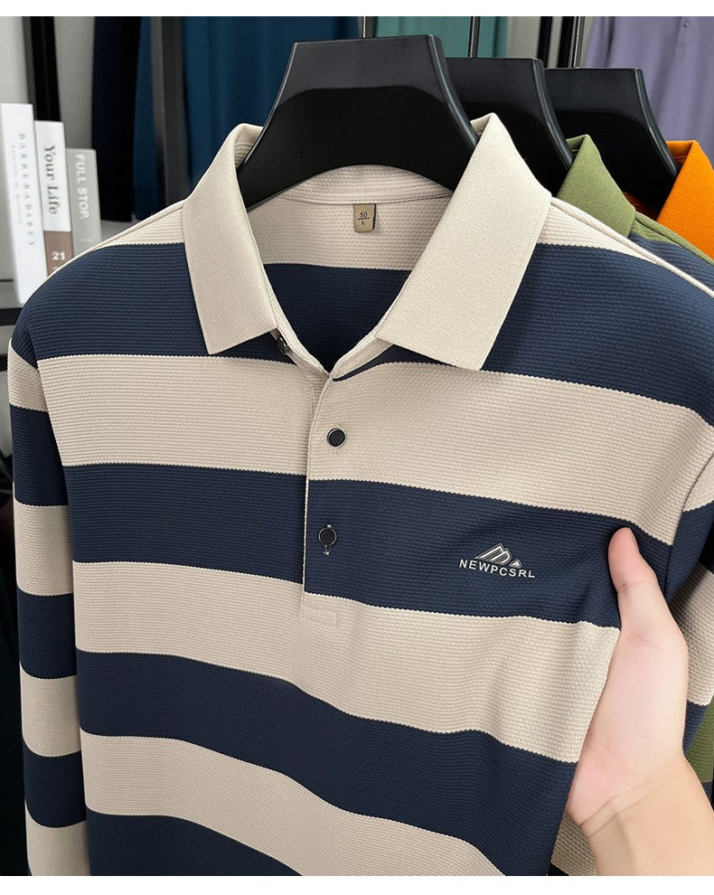 Unique stripe color blocked long sleeve polo shirt men high-end trend brand letters embossed spring autumn new comfort T-shirt