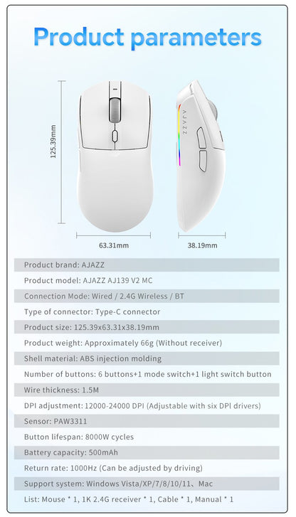 Mouse Gamer Sem Fio AJAZZ AJ139 V2 MC/AJ139 PRO Sensor PAW3311/PAW3395 12000DPI/26000DPI 500mAh Mouse Bluetooth Para PC