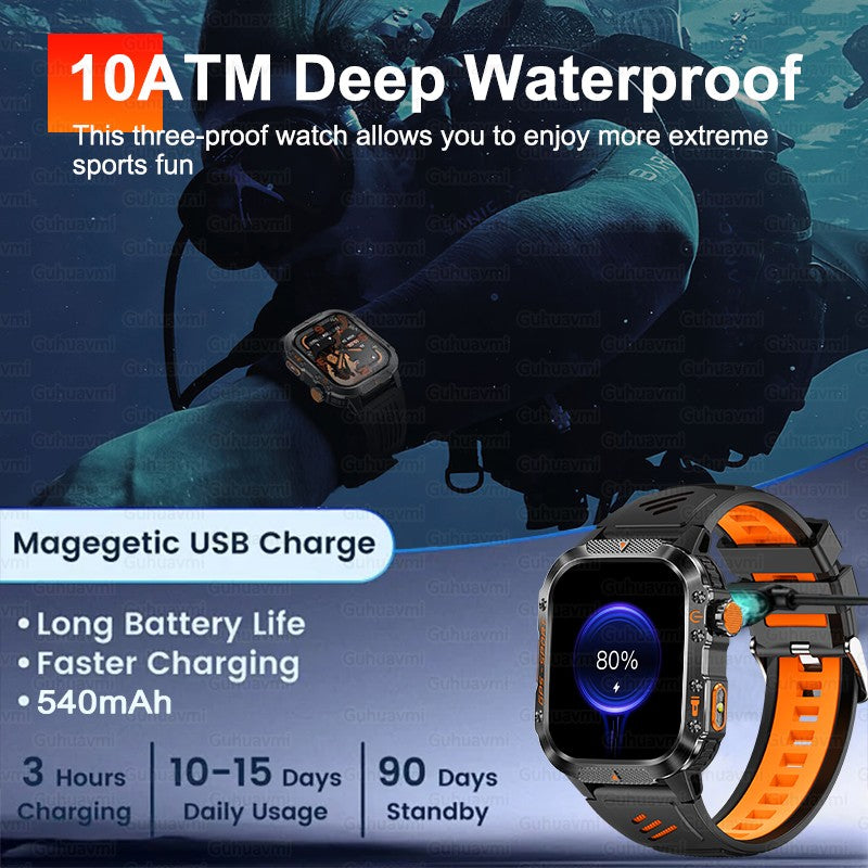 2026 Novas pulseiras inteligentes militares de GPS para ambientes externos, bússola masculina, frequência cardíaca, chamada BT, lanterna LED, Smartwatch à prova d'água 10ATM para natação