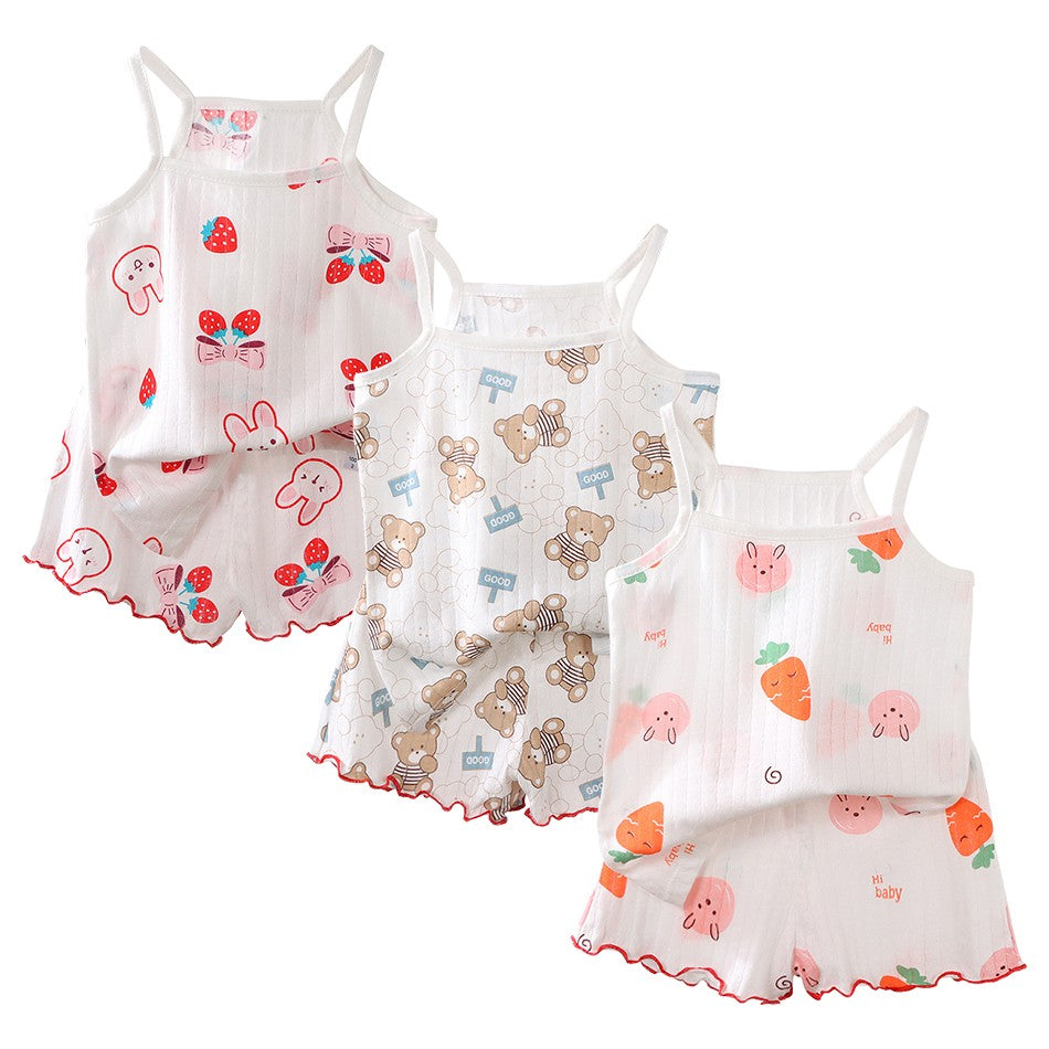 2 Pcs 2025 Summer Girl's Pajamas Sets Loungewear Set Strap Sleepwear Pants Skirt Baby Girl Clothes Sleeveless Children's Clothes