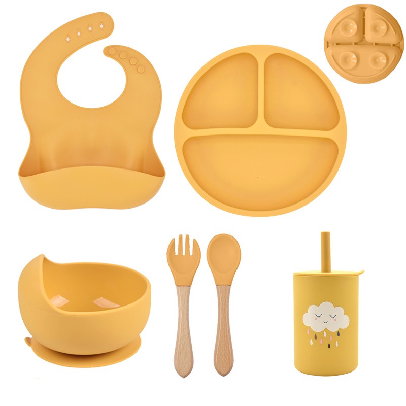 5P Baby Silicone Tableware Set Lid Divided Plate With Suction Bowls Straw Cup Wood Spoon Fork for Toddler Feeding Training Plate