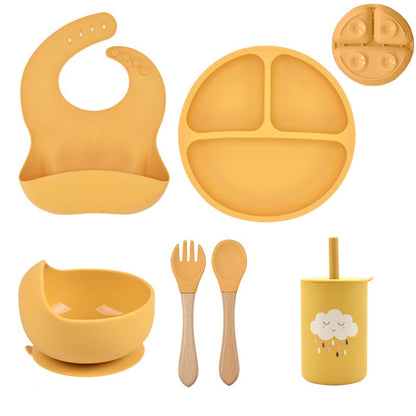 5P Baby Silicone Tableware Set Lid Divided Plate With Suction Bowls Straw Cup Wood Spoon Fork for Toddler Feeding Training Plate